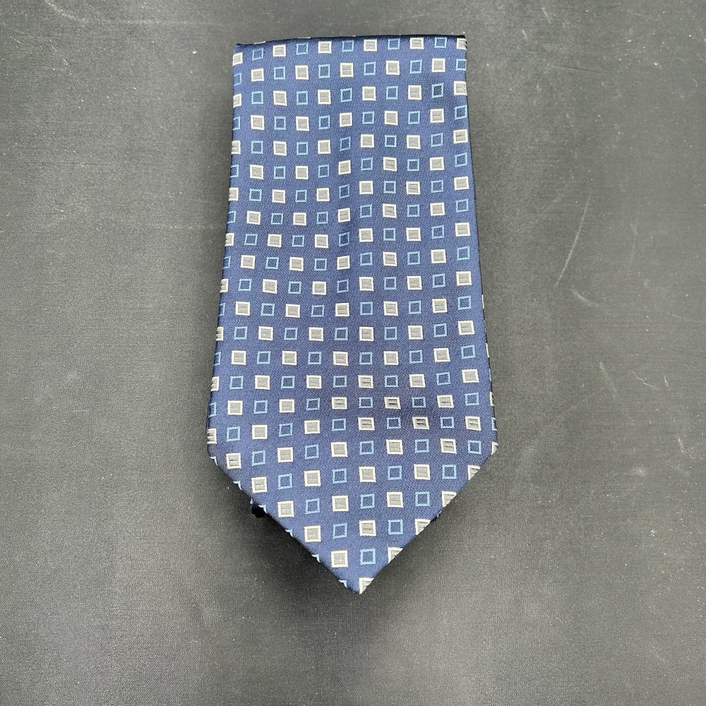 Calvin Klein Geometric Silk Tie Blue Silver Gray Square Design 100% Silk Necktie